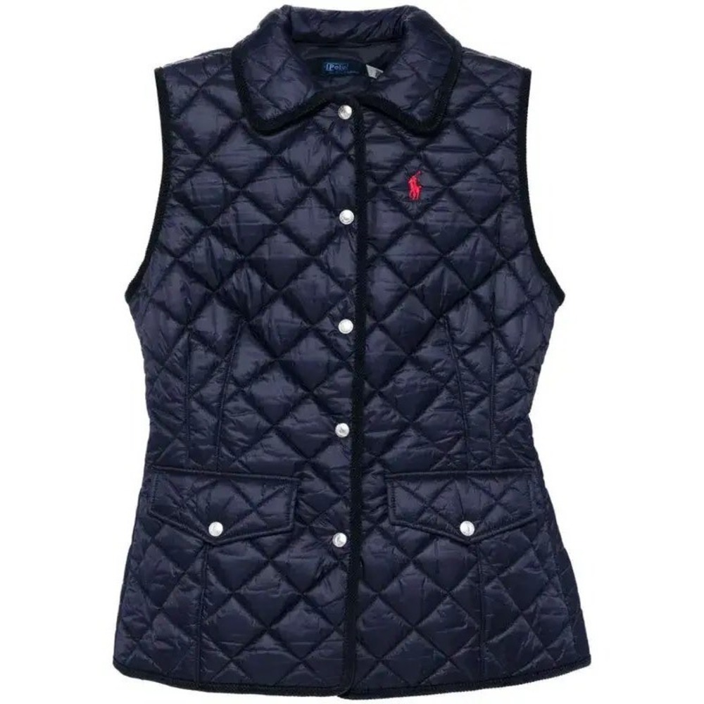 Polo Ralph Lauren Quilted Vest‎ Women XXS Navy Blue Snap Front Preppy Equestrian